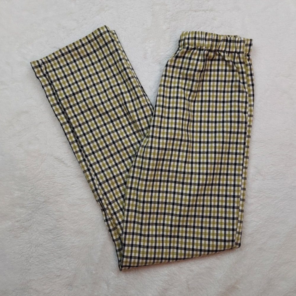 Brandy Melville Green Cream Black Plaid High Rise Straight Leg Pants